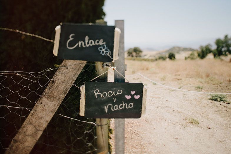 Rustic chalkboard wedding signs mark entrance on wooden posts.