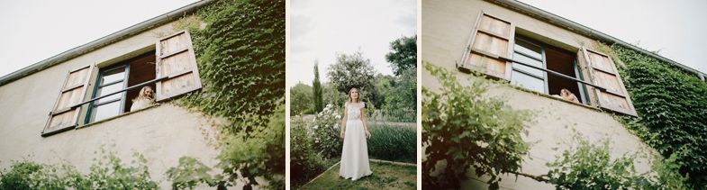 Split image triptych showing a rustic building with ivy-covered facade and windows.