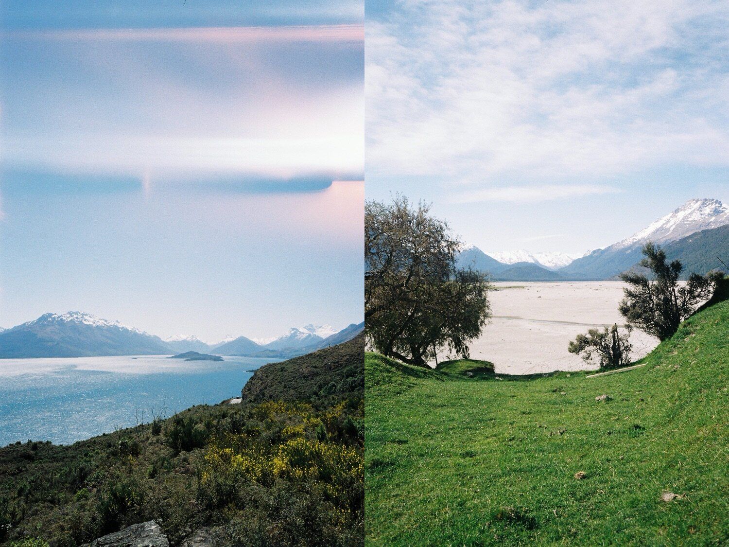 Split landscape photos of mountain views over lake and green hillside.