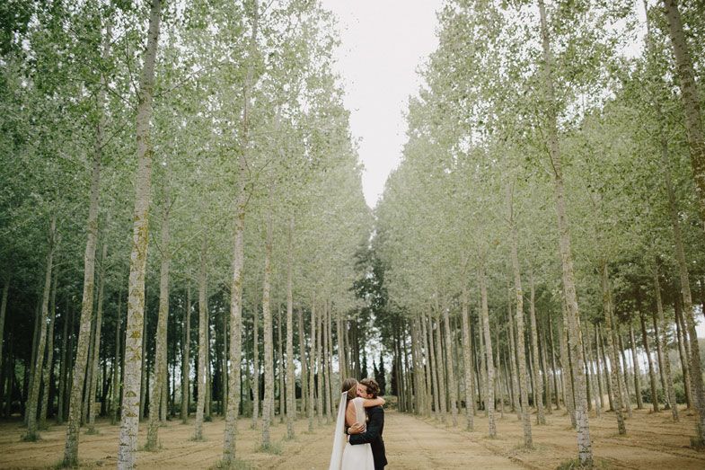 Newlyweds pose for a romantic portrait in a symmetrical tree-lined forest path.