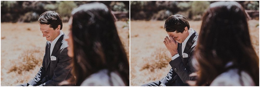 Outdoor wedding scene with emotional moments captured in two-photo sequence.