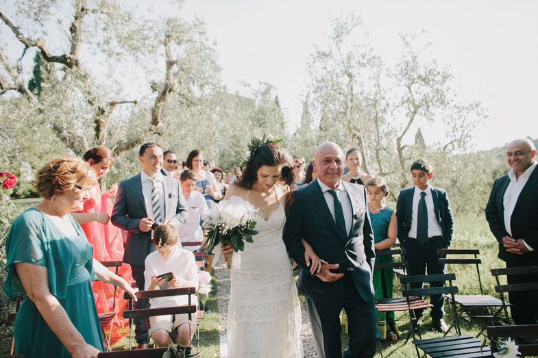Wedding party and guests celebrating in sunlit olive grove during ceremony.