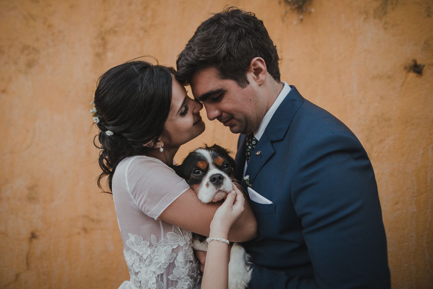 Intimate moment with couple and small dog against warm yellow wall.