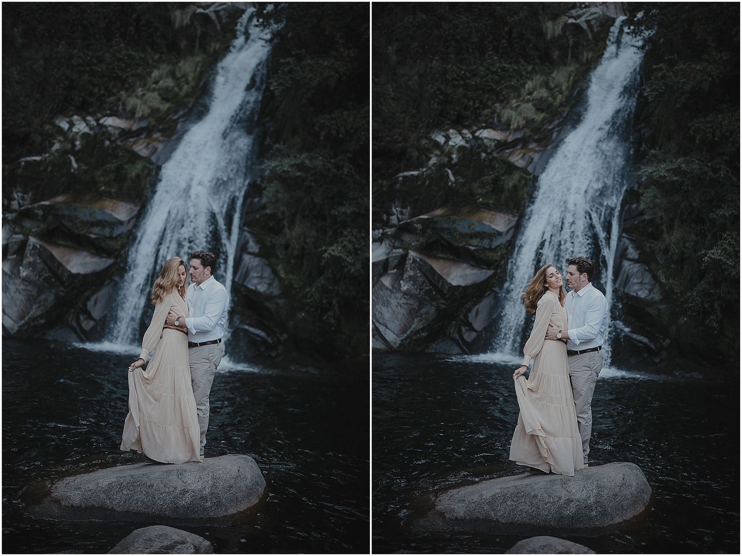 Two moody shots of a couple posing together on a rock before a dramatic waterfall in the wilderness.