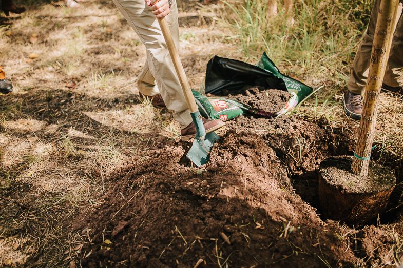 Person using shovel to dig hole in dirt path during outdoor ceremony.