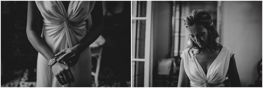Black and white images showing details of a couple preparing for a wedding ceremony.