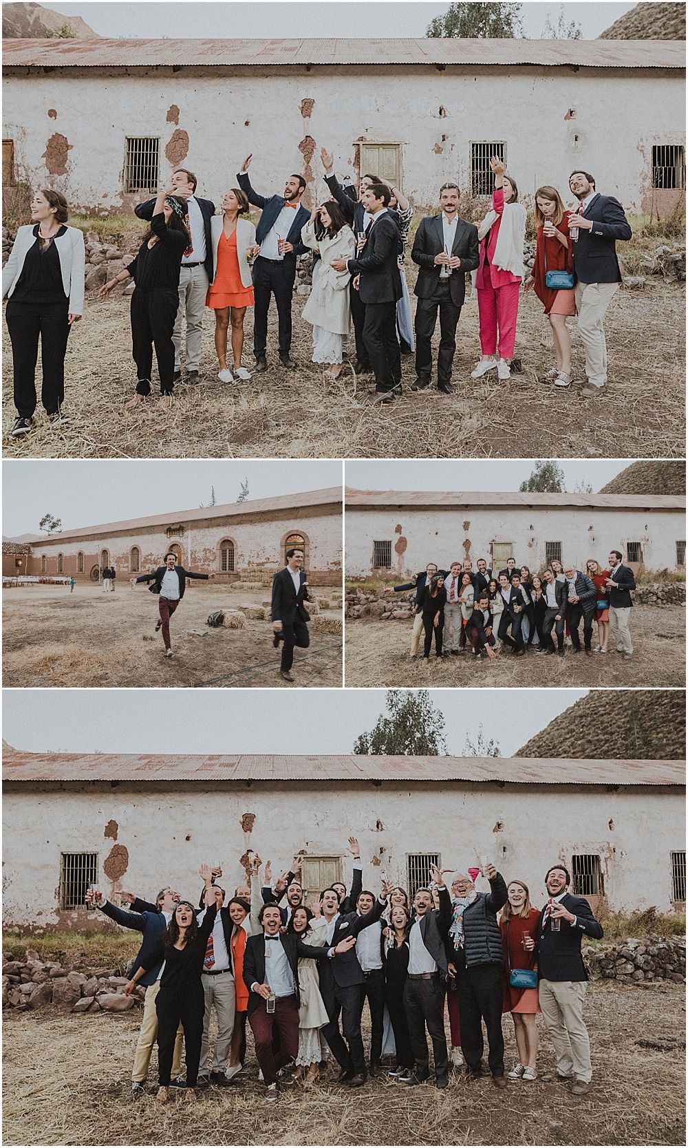 Celebratory group photos at rustic venue with white walls and desert landscape.