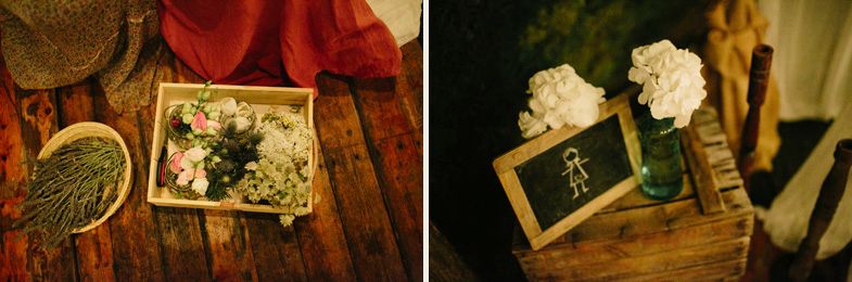 Event decor details showing floral arrangements and framed photos on wooden surfaces.