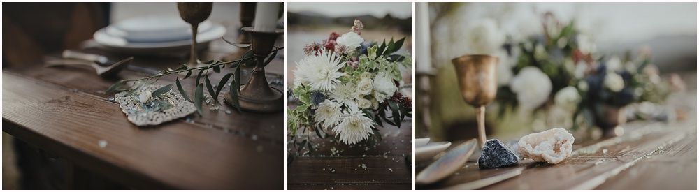 Wedding reception details showing elegant white florals and table settings.