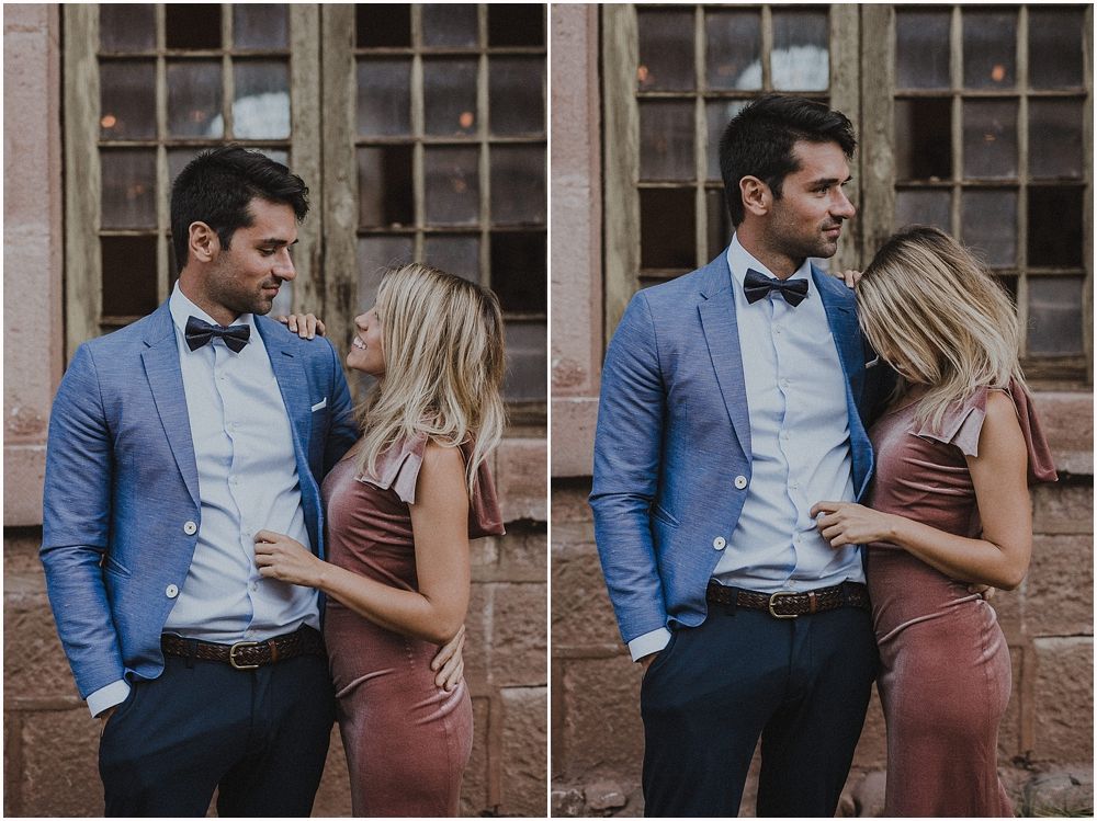 Side-by-side images of a couple in formal attire sharing intimate moments against a stone building.