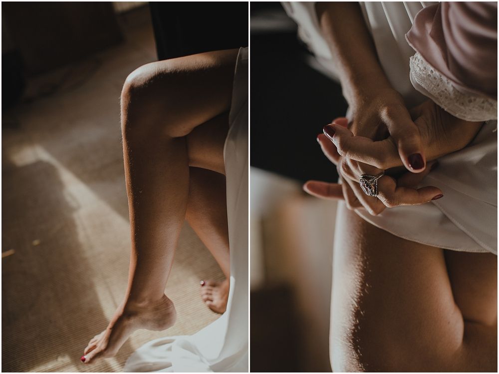 Artistic diptych of sunlit bare legs and hands in intimate morning light.