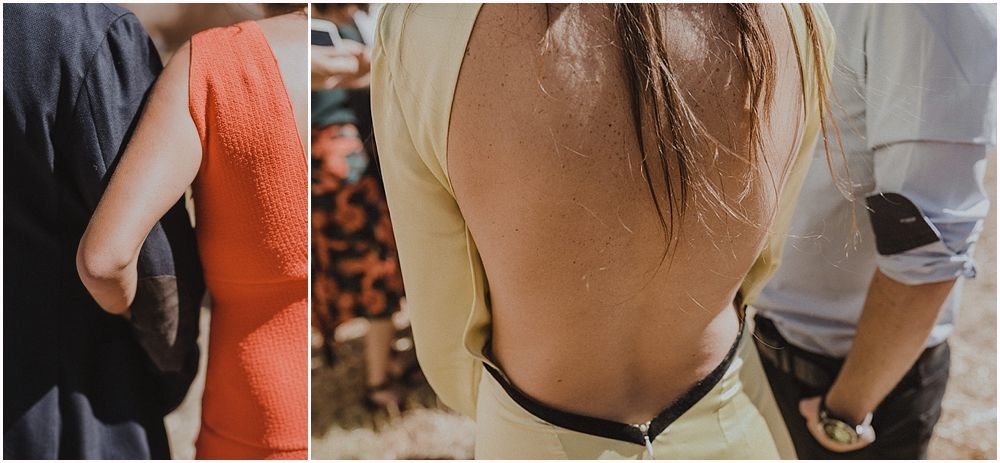 Close-up details of casual wedding attire showing backless dress and formal wear.