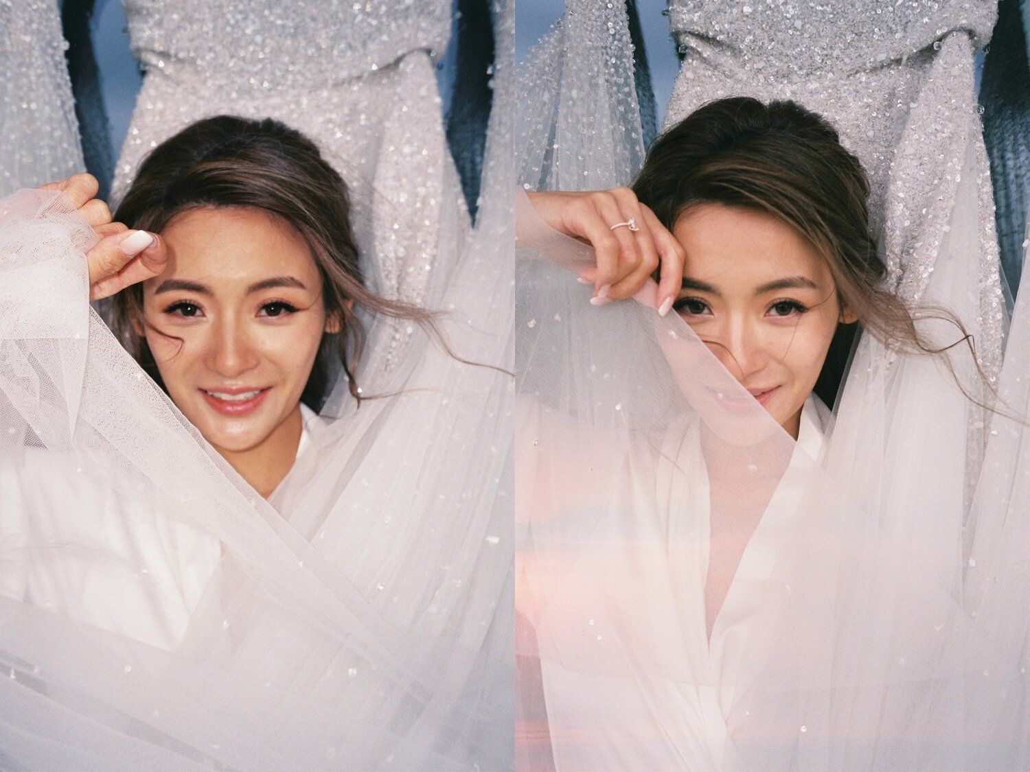 Portrait shots in white robe against sparkly background.