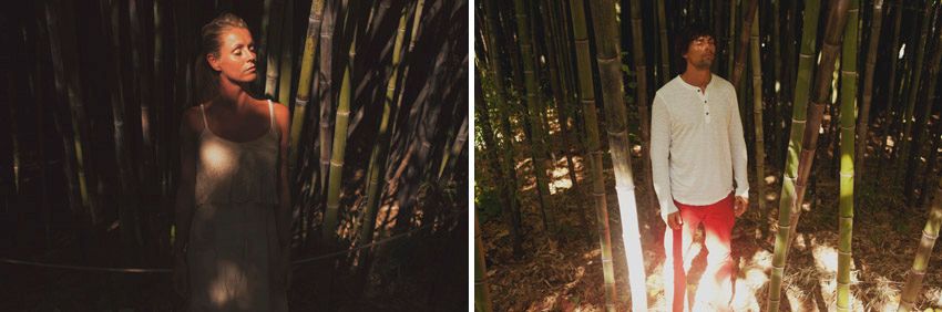 Two contrasting photos of people standing among tall bamboo stalks.