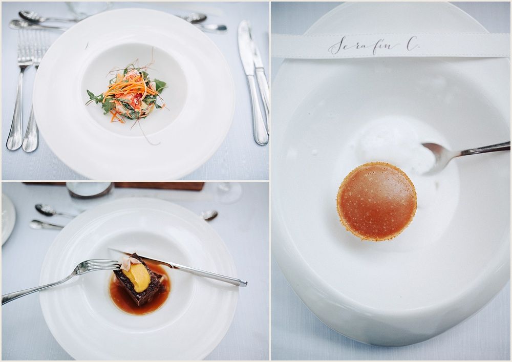 Fine dining plated courses featuring delicate presentation and garnishes on white plates.