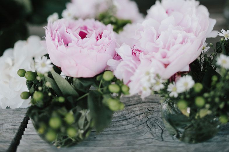 Pink peonies and white flowers arranged on weathered wood with soft bokeh background.