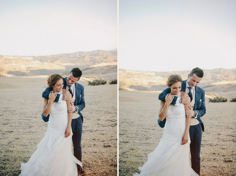Candid wedding couple photos in a desert landscape during golden hour.