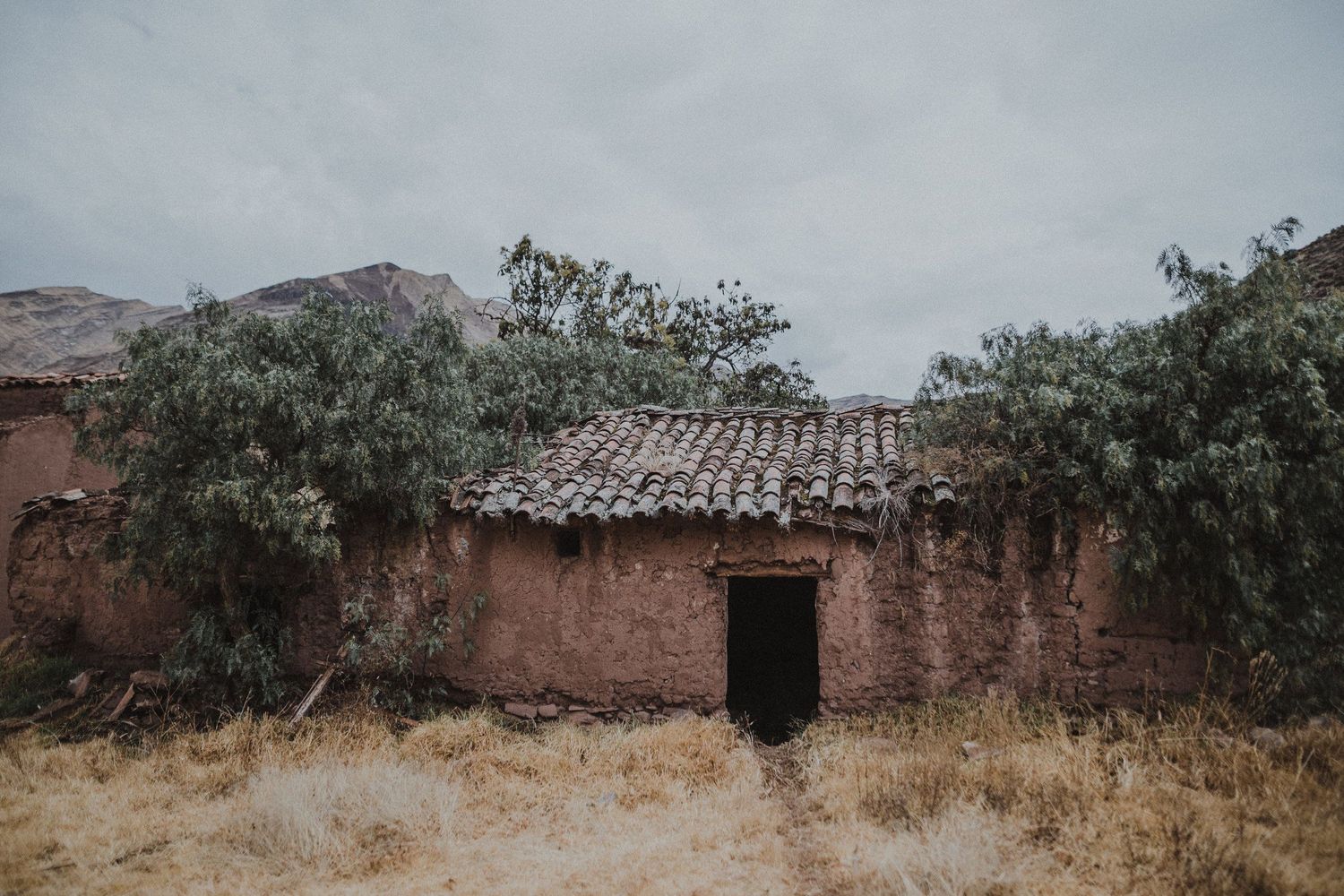 Traditional adobe house with tiled roof surrounded by trees in a rural mountain setting.