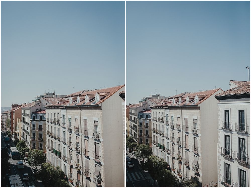 White residential apartment buildings with traditional architecture against clear blue sky in split view.