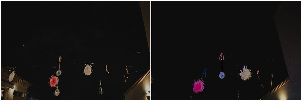 Silhouettes of people holding lights against dark night sky.