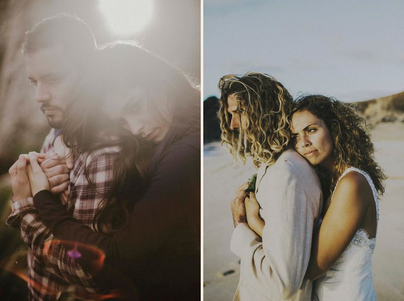 Two romantic photos showing intimate moments between couples at sunset.