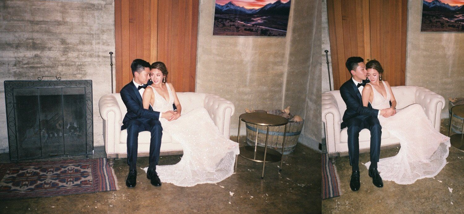 Vintage-style wedding photos of couple sitting by brick fireplace.