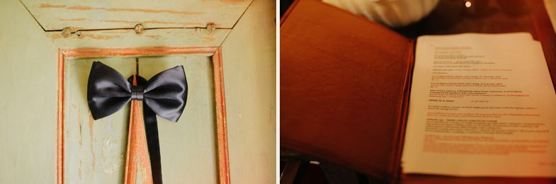 Diptych of a black bow tie and an open book or menu.