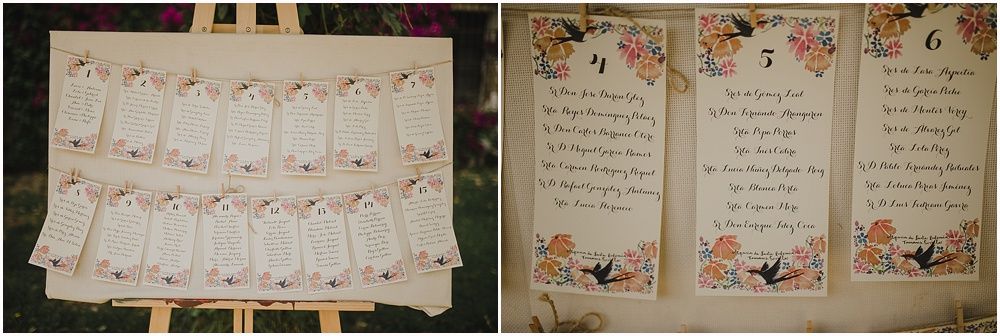 Wedding seating chart and program cards decorated with romantic floral designs.