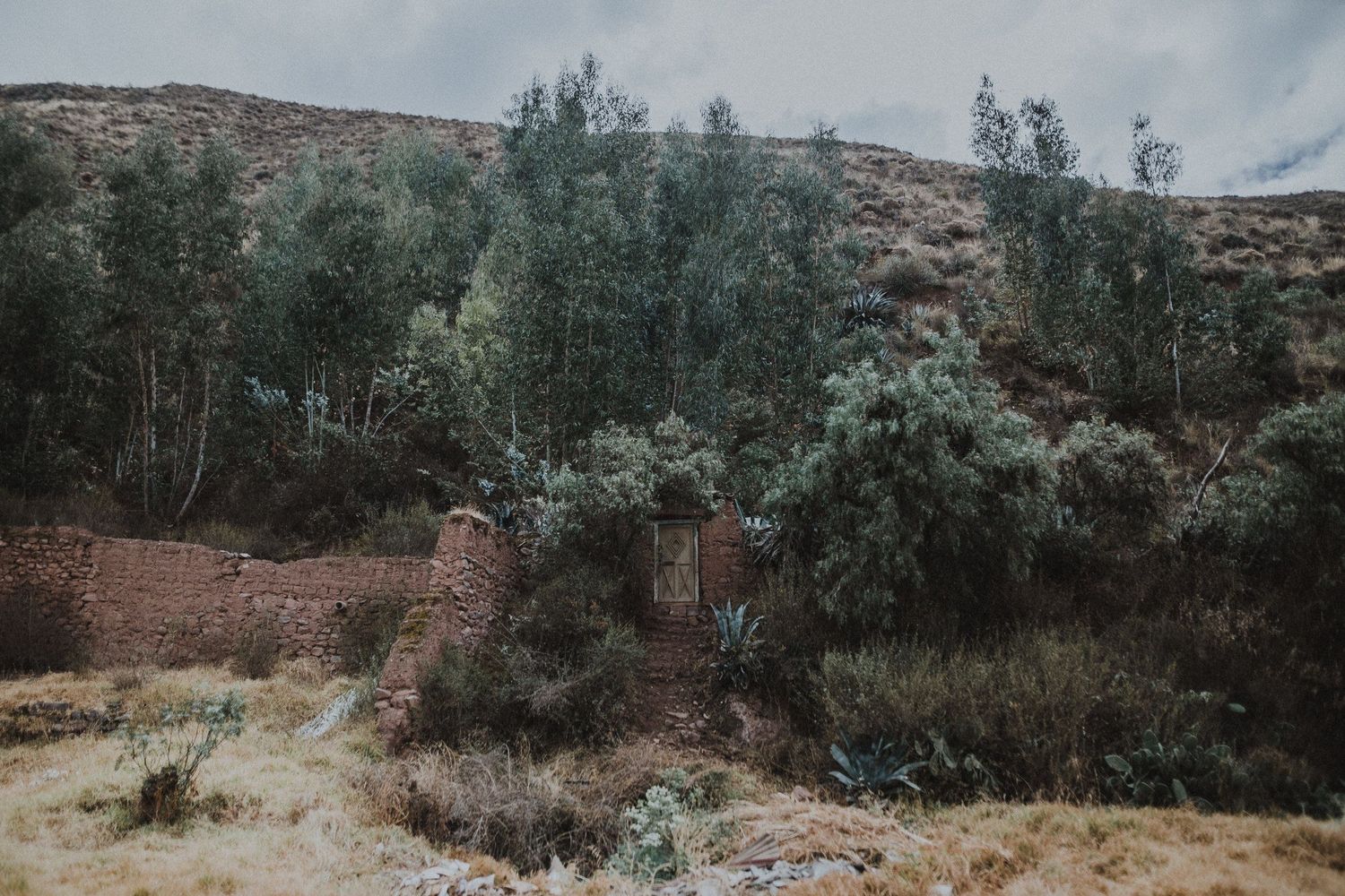 Rustic stone walls and vegetation against mountainous backdrop in rural Peru.