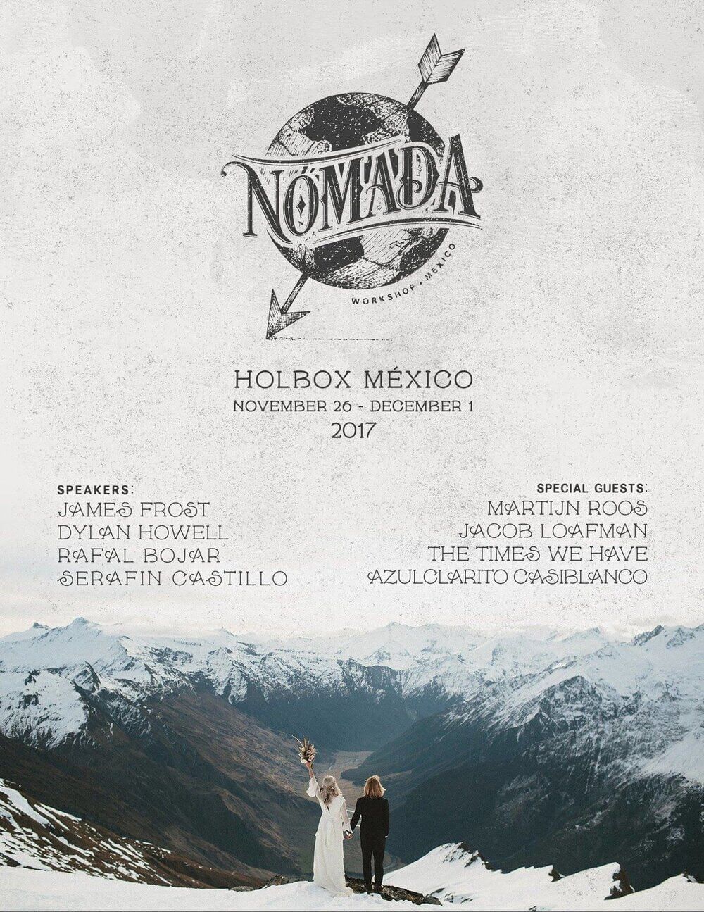 A series of snowy mountain peaks with a vintage-style event poster overlay featuring text and design elements.