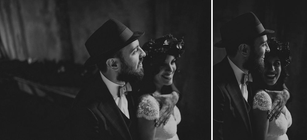 Black and white wedding portraits showing couple in formal attire and floral accessories.