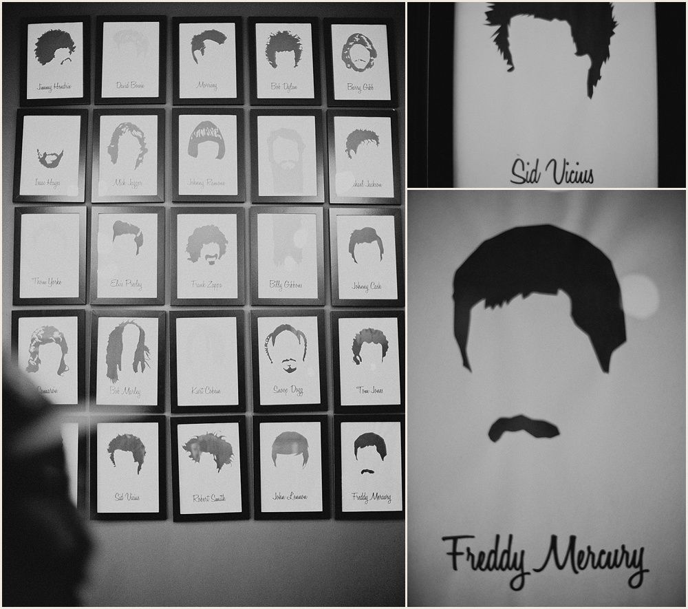 Vintage style grid of illustrated hairstyle portraits with Freddie Mercury artwork.