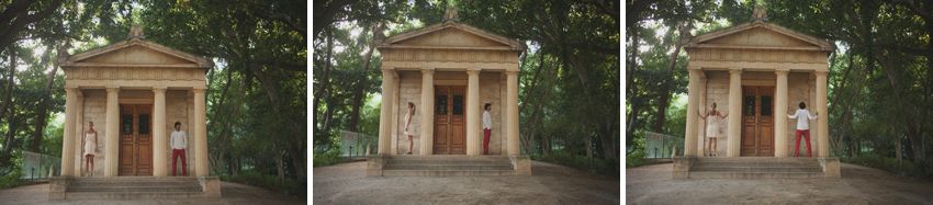 Triptych of a classical stone temple structure with columns in a wooded setting.