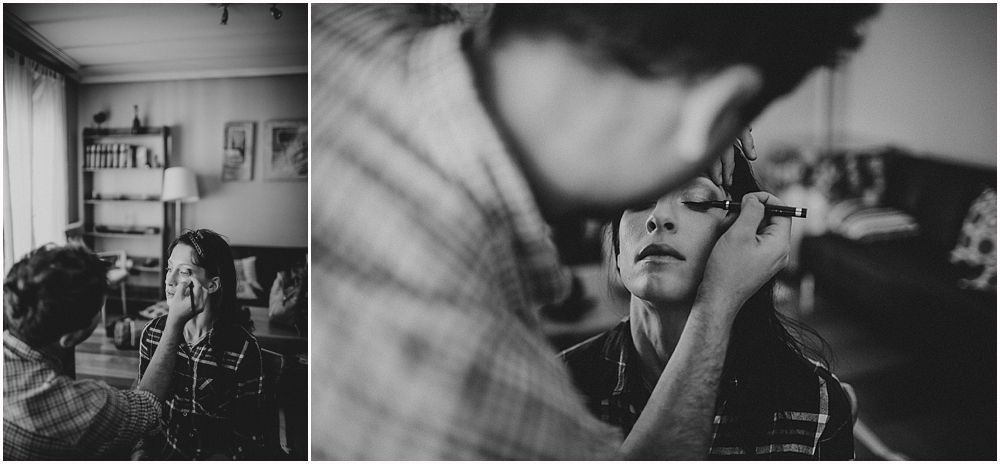 Moody black and white diptych of interior scenes with dramatic lighting.