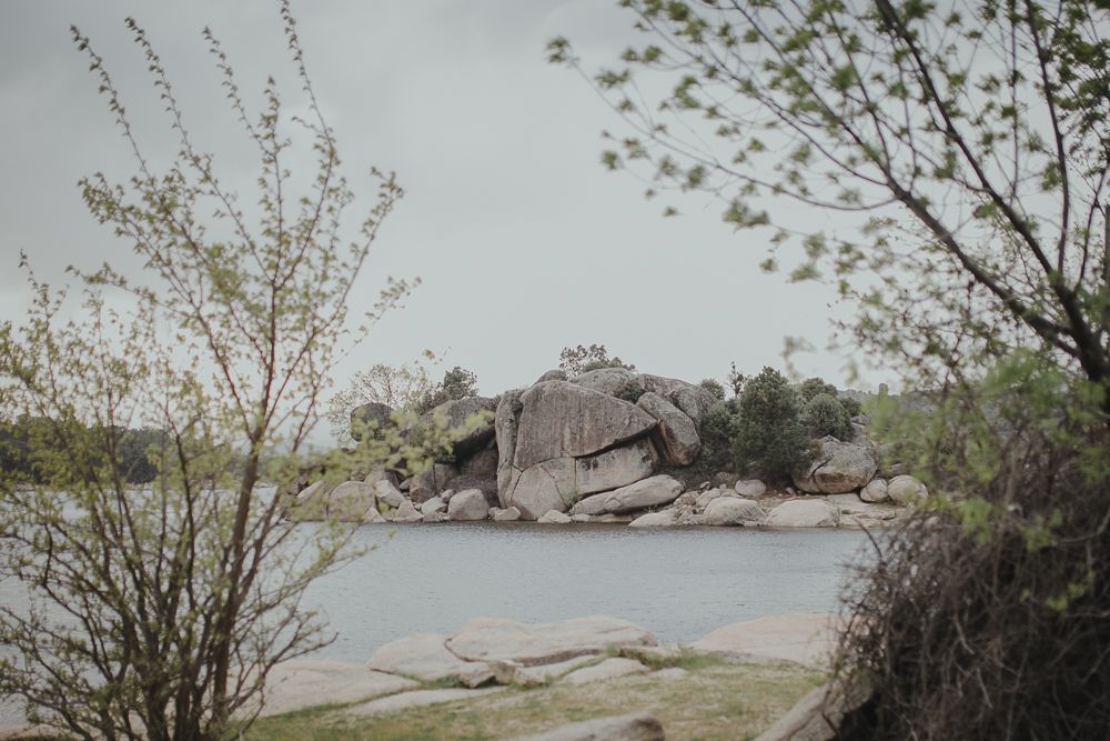 Scenic coastal landscape with rocky outcrops and spring trees against cloudy sky.