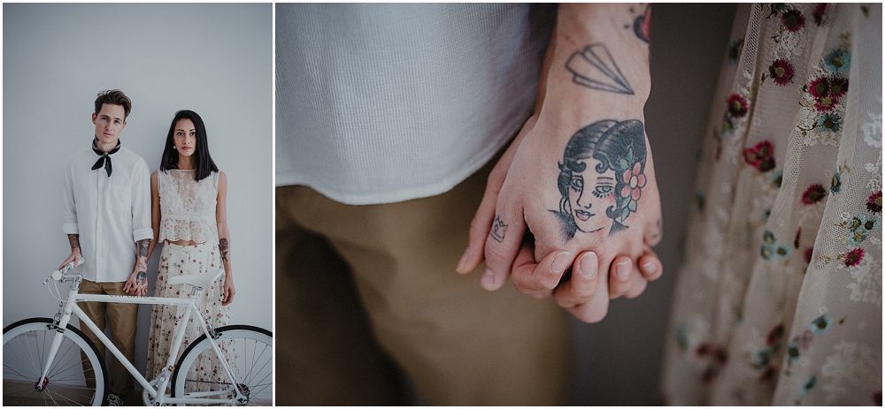 Artistic triptych featuring a couple with a white bicycle, a hand tattoo, and a floral dress detail.