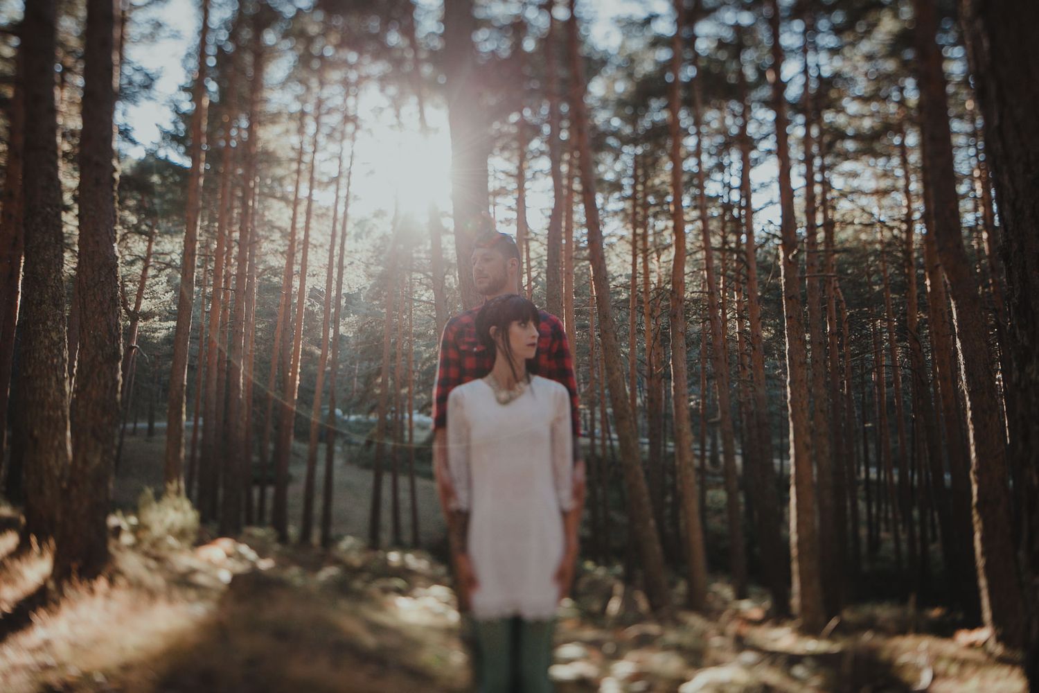 Sunlight streams through tall pine trees in forest as figure stands in white dress.