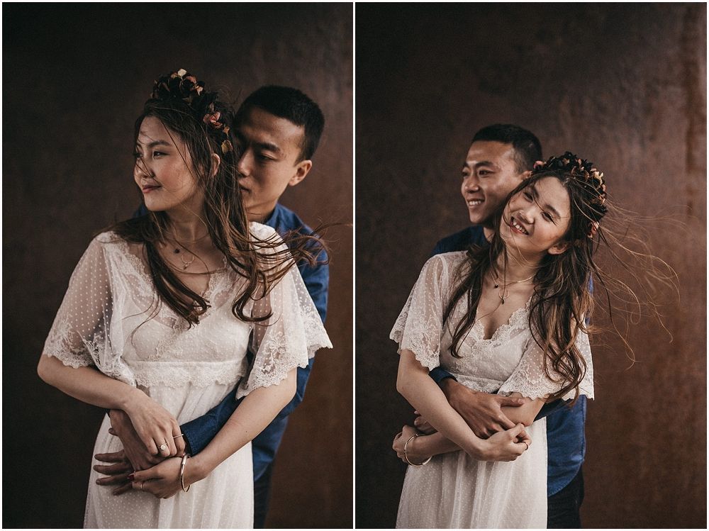 A series of candid romantic moments captured against a textured wall background.