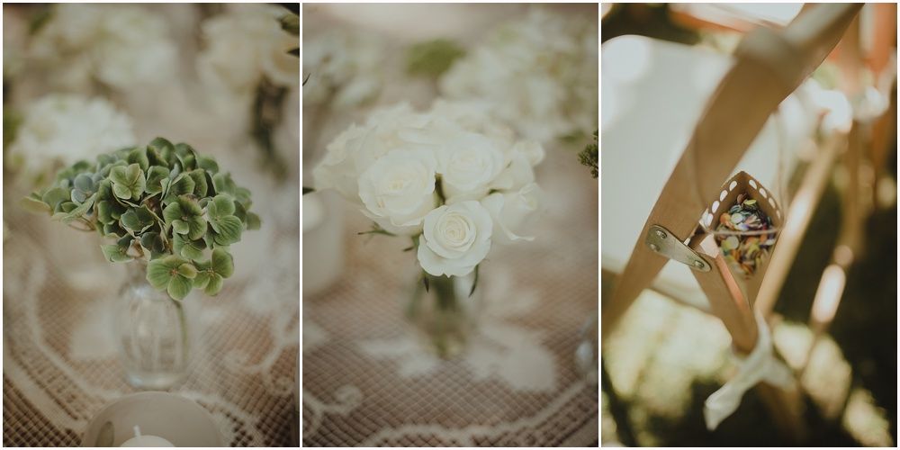 Wedding reception detail shots of floral centerpieces and decorations in glass vases.
