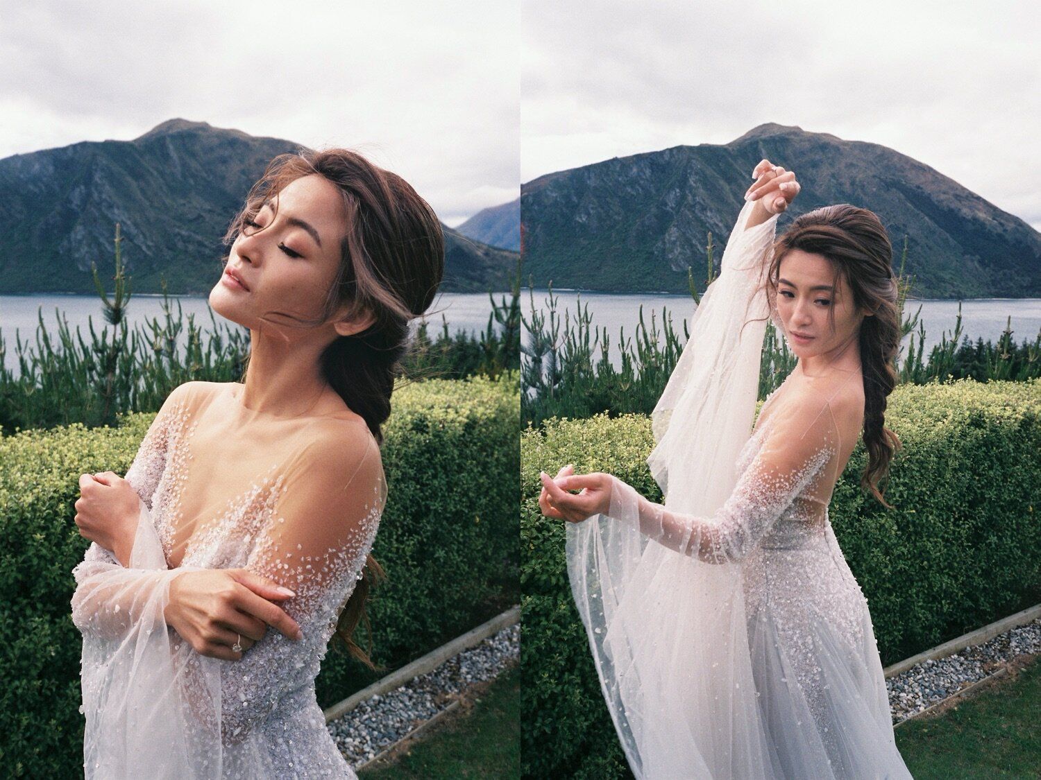 Ethereal bridal portraits in a delicate lace gown against a scenic mountain lake backdrop.