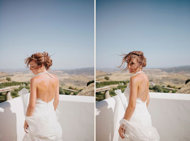 Side-by-side portraits of a bride in white dress against a scenic mountain backdrop.