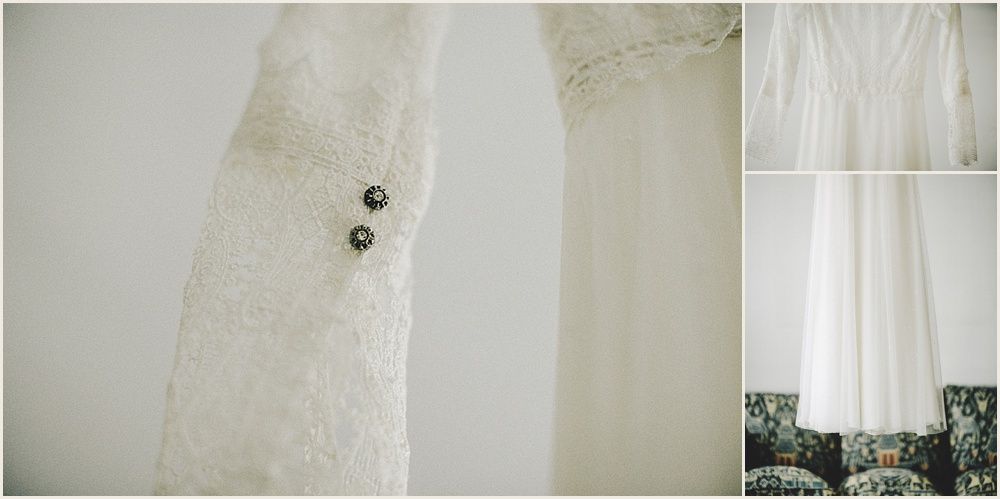 Close-up detail shots of delicate white lace wedding dress buttons and fabric.
