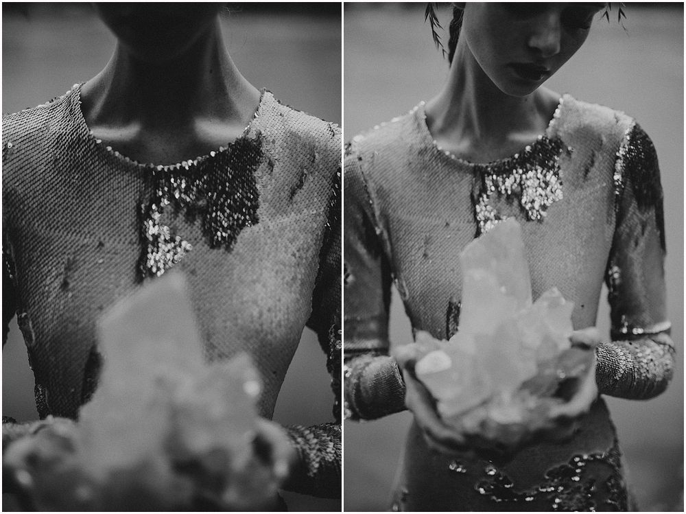 Black and white diptych showing sparkly dress details and crystal holding.