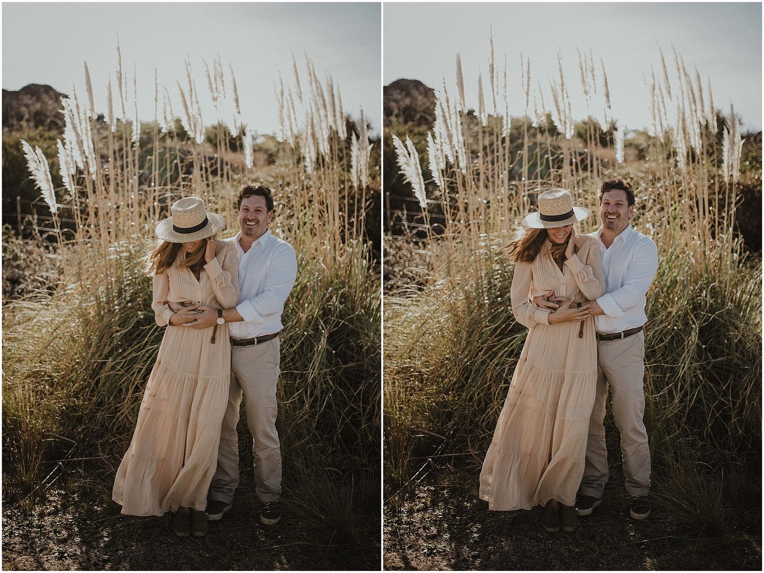 Side-by-side photos of a couple in neutral tones embracing among tall grasses at golden hour.