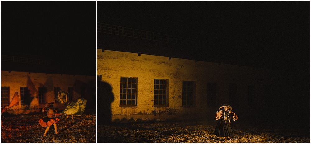 Two illuminated outdoor night scenes showing silhouettes against stone buildings.