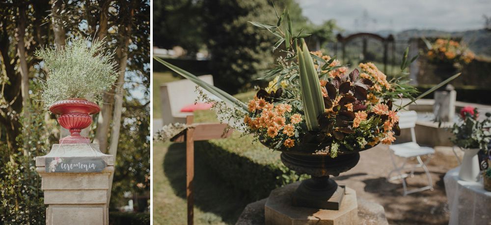 Outdoor wedding decor with garden flowers and natural greenery arrangements.