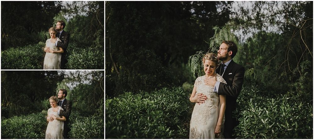 Romantic outdoor wedding portraits taken in lush garden setting.