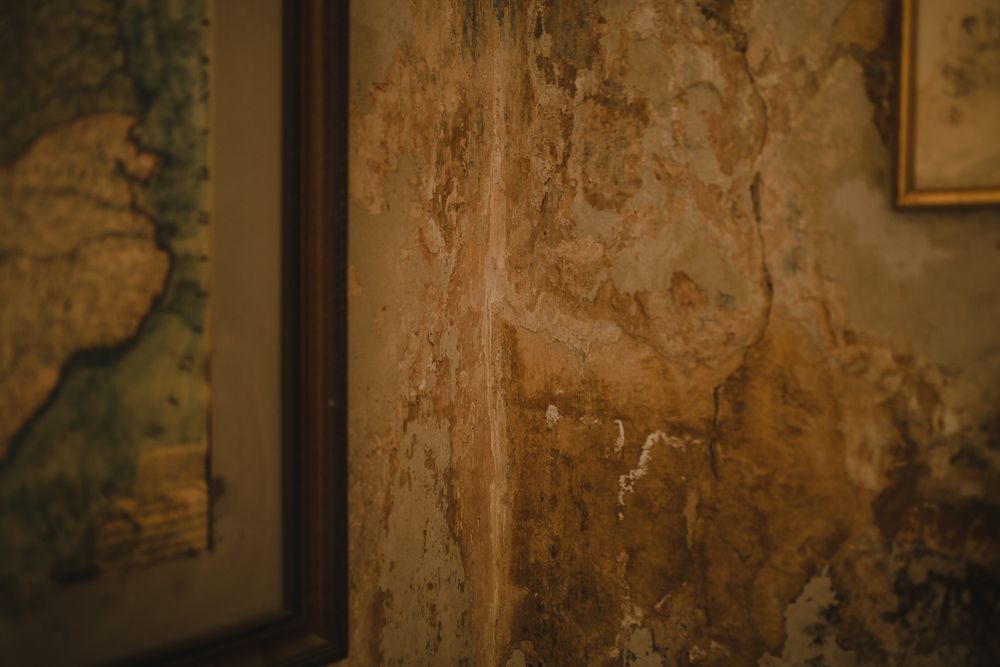 Close up of a weathered and textured wall with peeling paint and exposed plaster.