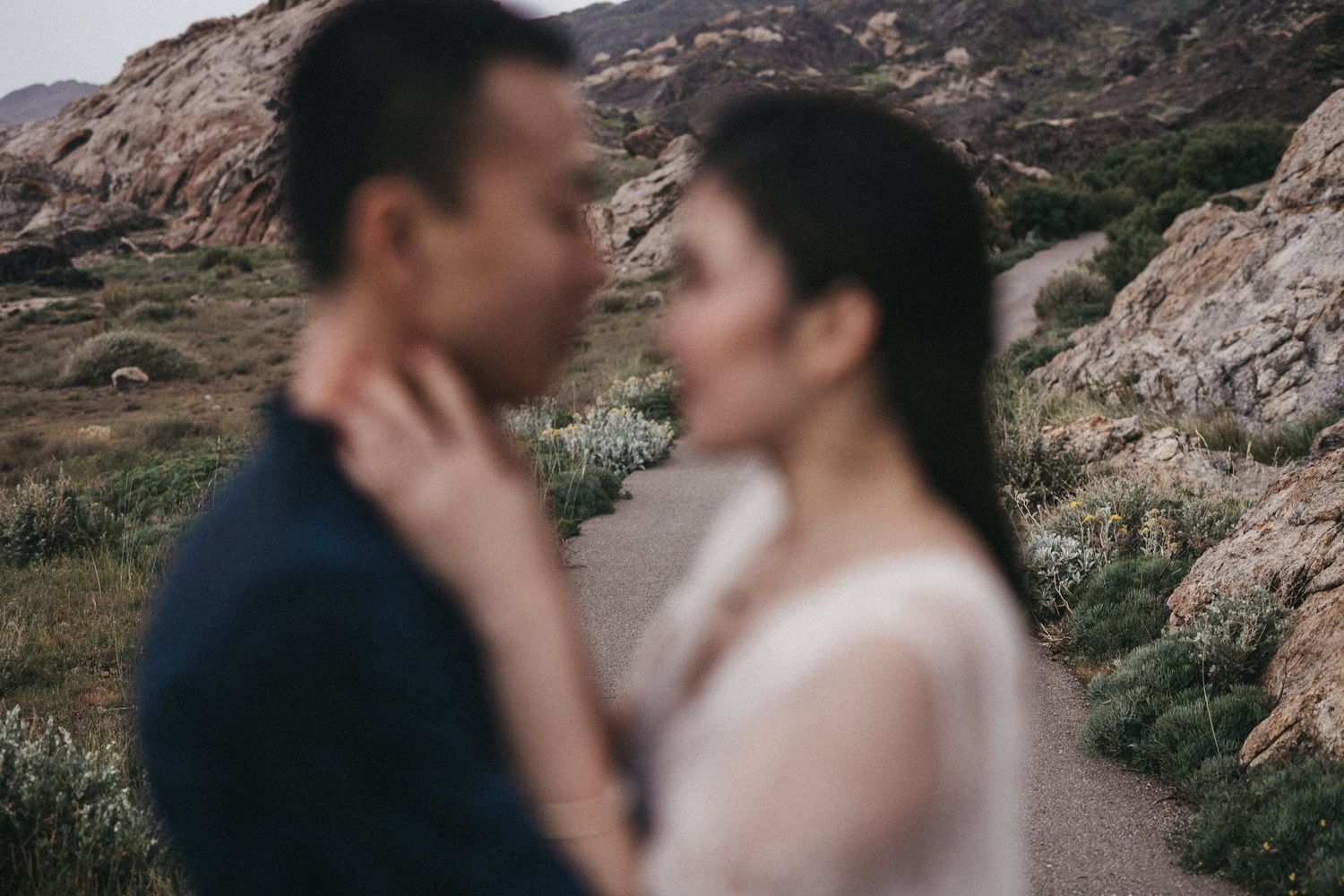 Dreamy soft-focus portrait of couple embracing outdoors against rocky landscape.