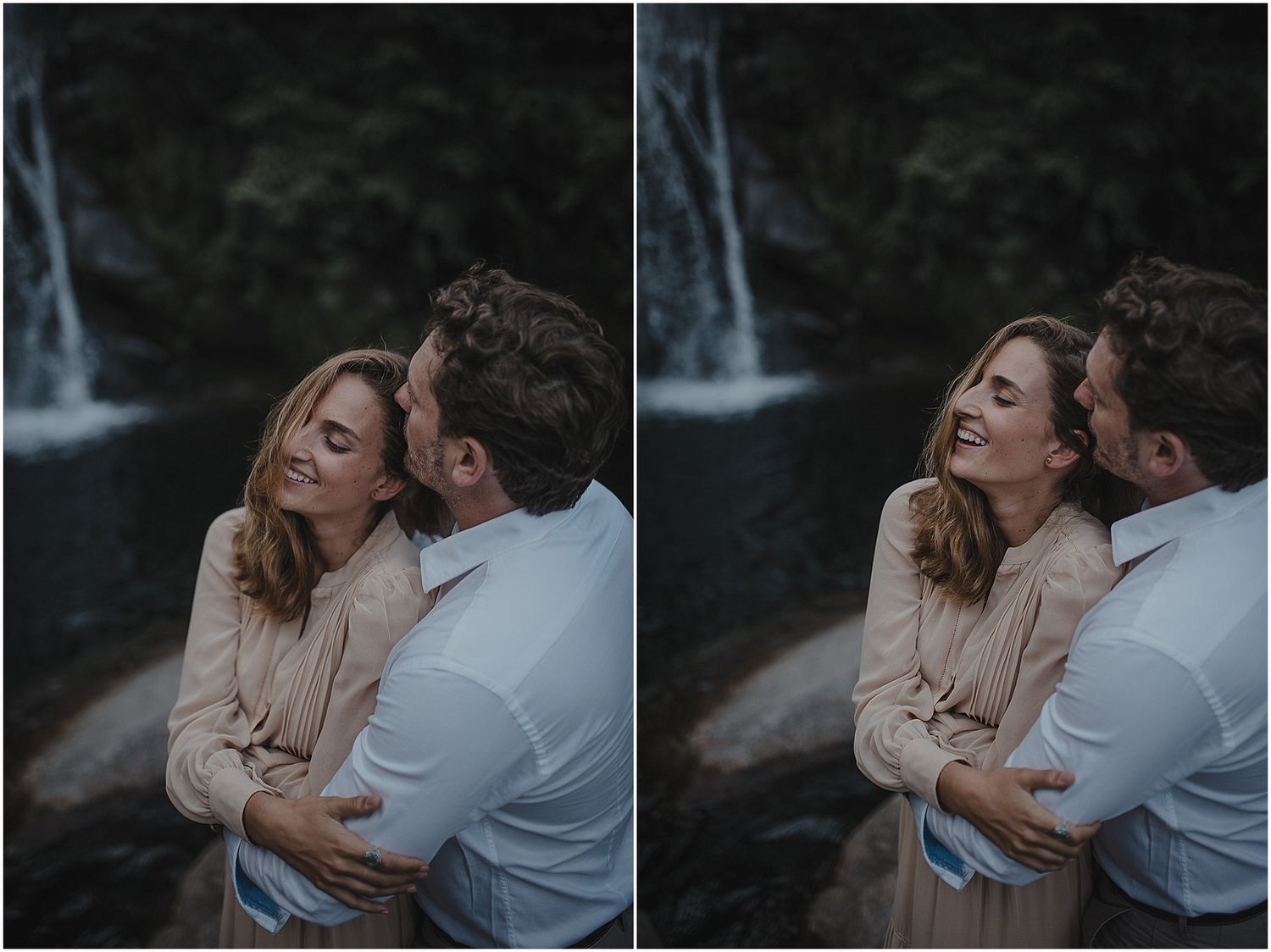 Side-by-side romantic portraits of a couple embracing by a waterfall in moody lighting.